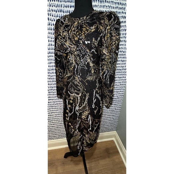 Dress The Population Black Embroidered Sequin Bodycon Midi Long Sleeve‎ Formal S - Picture 2 of 3